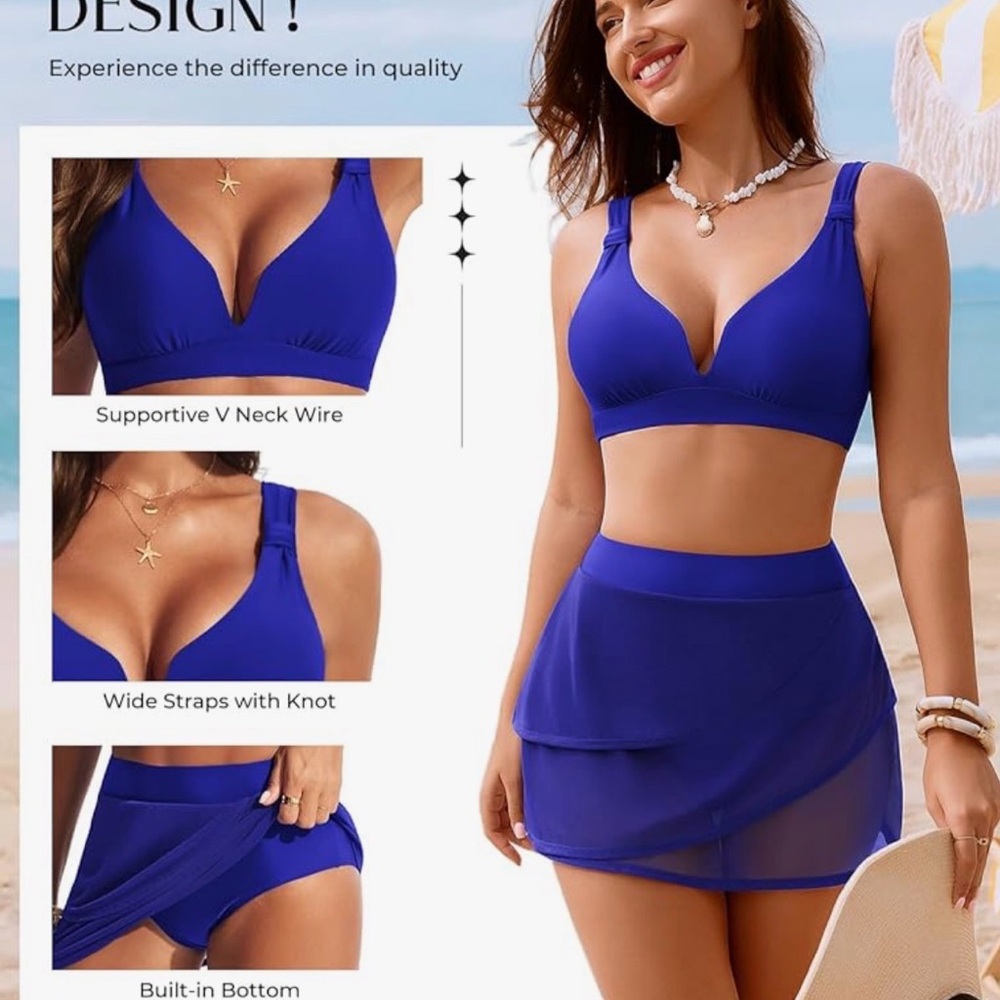 Royal Blue Bikini Set with Sheer Skirt – Women’s Size XL – Flattering Fit